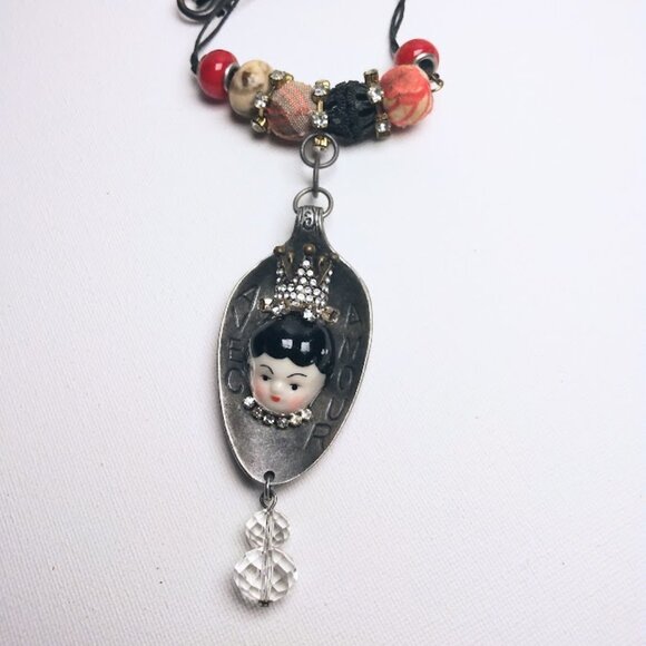 Vintage Avec Amour Spoon Pendant w/Porcelain Doll Head & Beaded Artisan Necklace - Picture 1 of 9